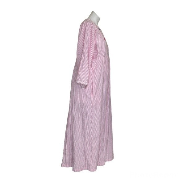 STAN HERMAN Pink White Stripe House Dress Robe Seersucker Embroidered Size Large - Picture 3 of 10
